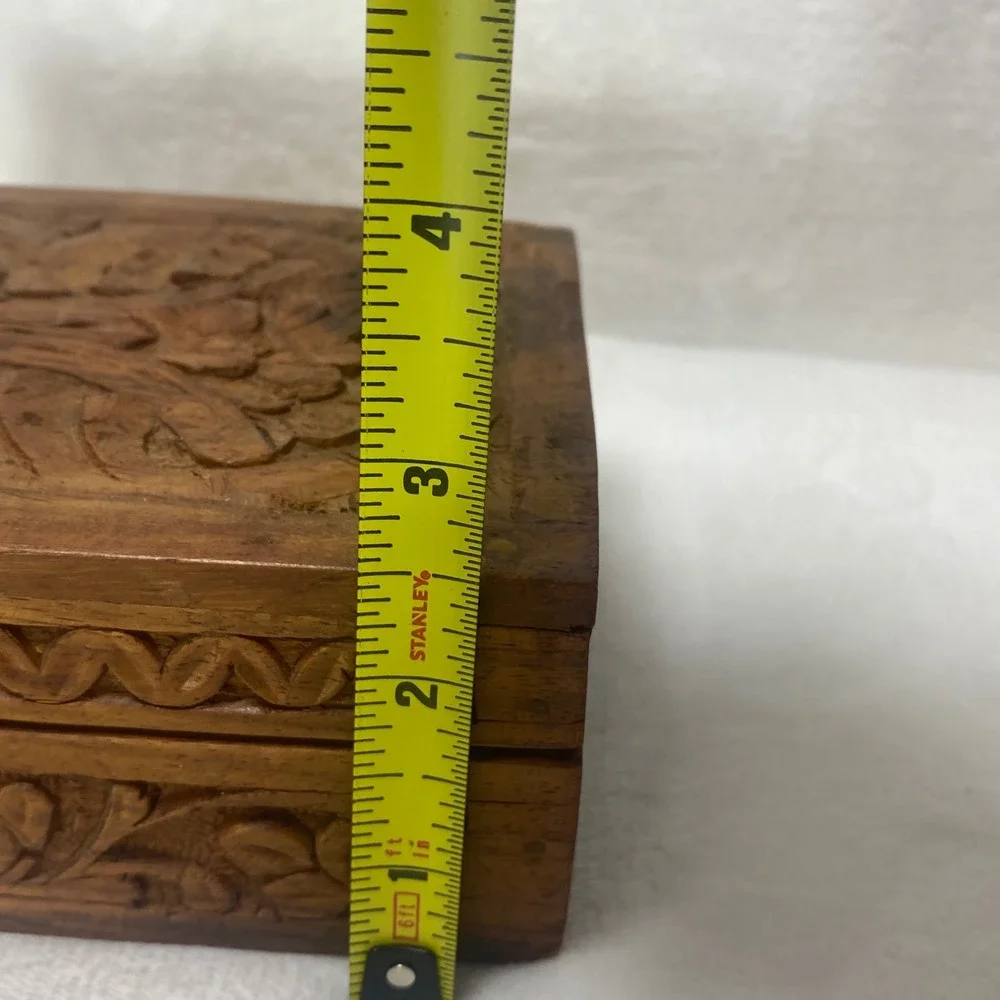 Hand‎ Carved Wooden Trinket Box Jewelry Keepsake Blue Velvet Lined